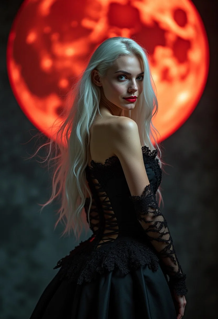 award wining professional erotic artistic boudoir photography, A cinematic masterpiece unfolds as the stunning professional european female model, resplendent in a flowing Victorian dress, stands majestically against an eerie backdrop of a colossal blood moon. Her long white locks flow like silk in the wind, framing her striking features with piercing red eyes and subtle makeup. The camera captures her sultry smile, lips painted red, as she gazes back, her enigmatic eyes radiating mystery and allure. Extreme lighting casts dramatic shadows on her bare skin, accentuating the flowing pubic hair, set against meticulous details that transport the viewer into a movie special effects style wonderland.