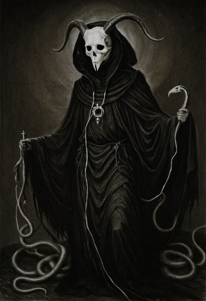 surrealist art monoxxdr4ws, A dark, monochrome drawing of a robed figure with a horned skull mask, a single eye, and snakes . dreamlike, mysterious, provocative, symbolic, intricate, detailed