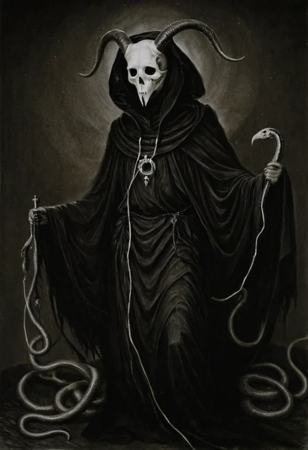 surrealist art monoxxdr4ws, A dark, monochrome drawing of a robed figure with a horned skull mask, a single eye, and snakes . dreamlike, mysterious, provocative, symbolic, intricate, detailed