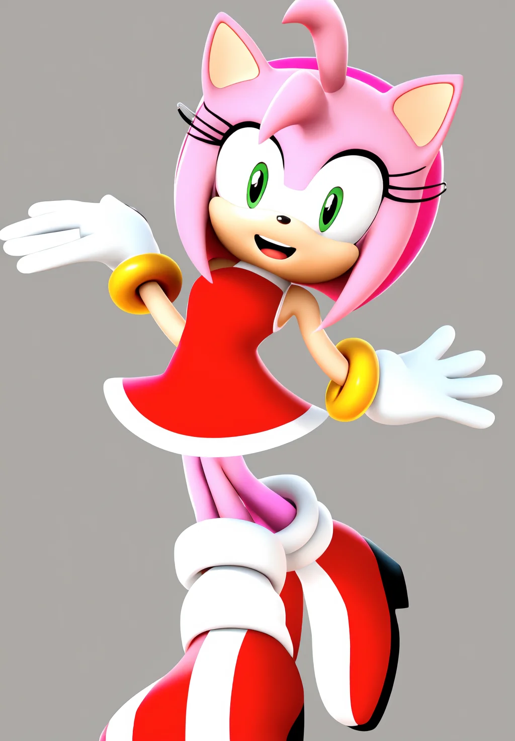 <lora:Amy_Rose:0.8>, Amy_Rose, 1girl, solo, looking at viewer, smile, open mouth, simple background, hair ornament, dress, standing, full body, ahoge, :d, sleeveless, sleeveless dress, short dress, red dress, happy, outstretched arm, clenched hand, white outline