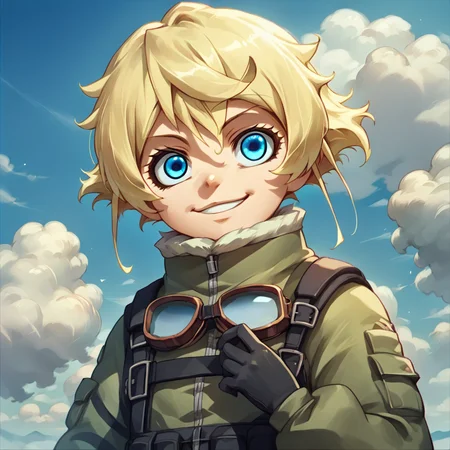 score_9, score_8_up, score_7_up,
TanyaDegurechaff, flyingsuit, 1girl, solo, looking at viewer, smile, short hair, blue eyes, blonde hair, gloves, sky, day, cloud, goggles
,score_9, source_anime
,<lora:TanyaPonyV2:0.8>