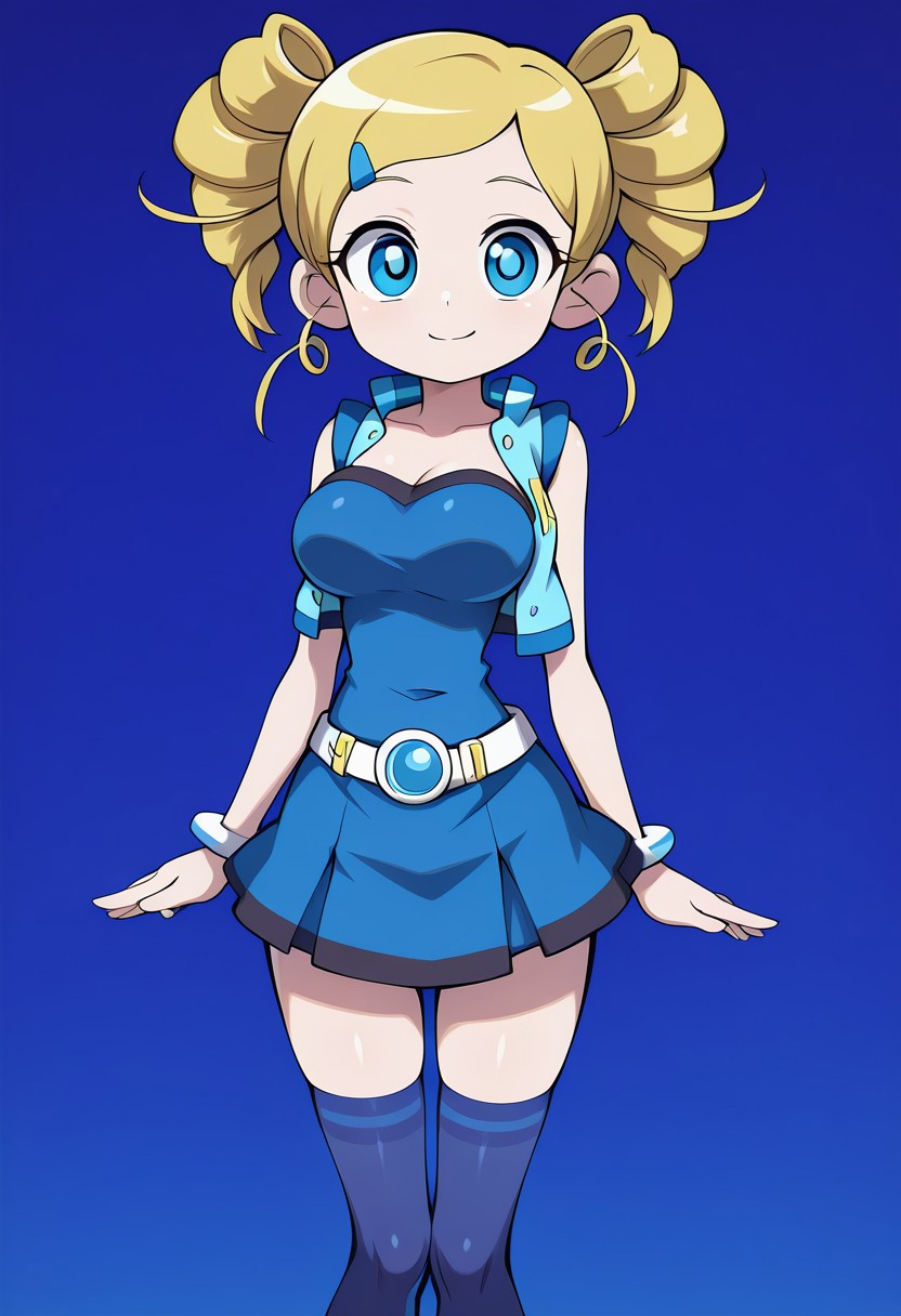 satpcstyle, easynegative, ng_deepnegative_v1_75t, masterpiece, best quality, amazing quality, very aesthetic ,shiny skin, Anime screencap, official art, ppgzmiyako, rollingbubbles, belt, blue shirt, strapless, blue skirt, blue vest, long black stockings, big breasts, blue eyes, Big thighs, slim waist, blue background, standing, smile