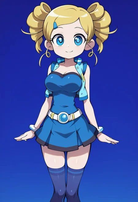 satpcstyle, easynegative, ng_deepnegative_v1_75t, masterpiece, best quality, amazing quality, very aesthetic ,shiny skin, Anime screencap, official art, ppgzmiyako, rollingbubbles, belt, blue shirt, strapless, blue skirt, blue vest, long black stockings, big breasts, blue eyes, Big thighs, slim waist, blue background, standing, smile