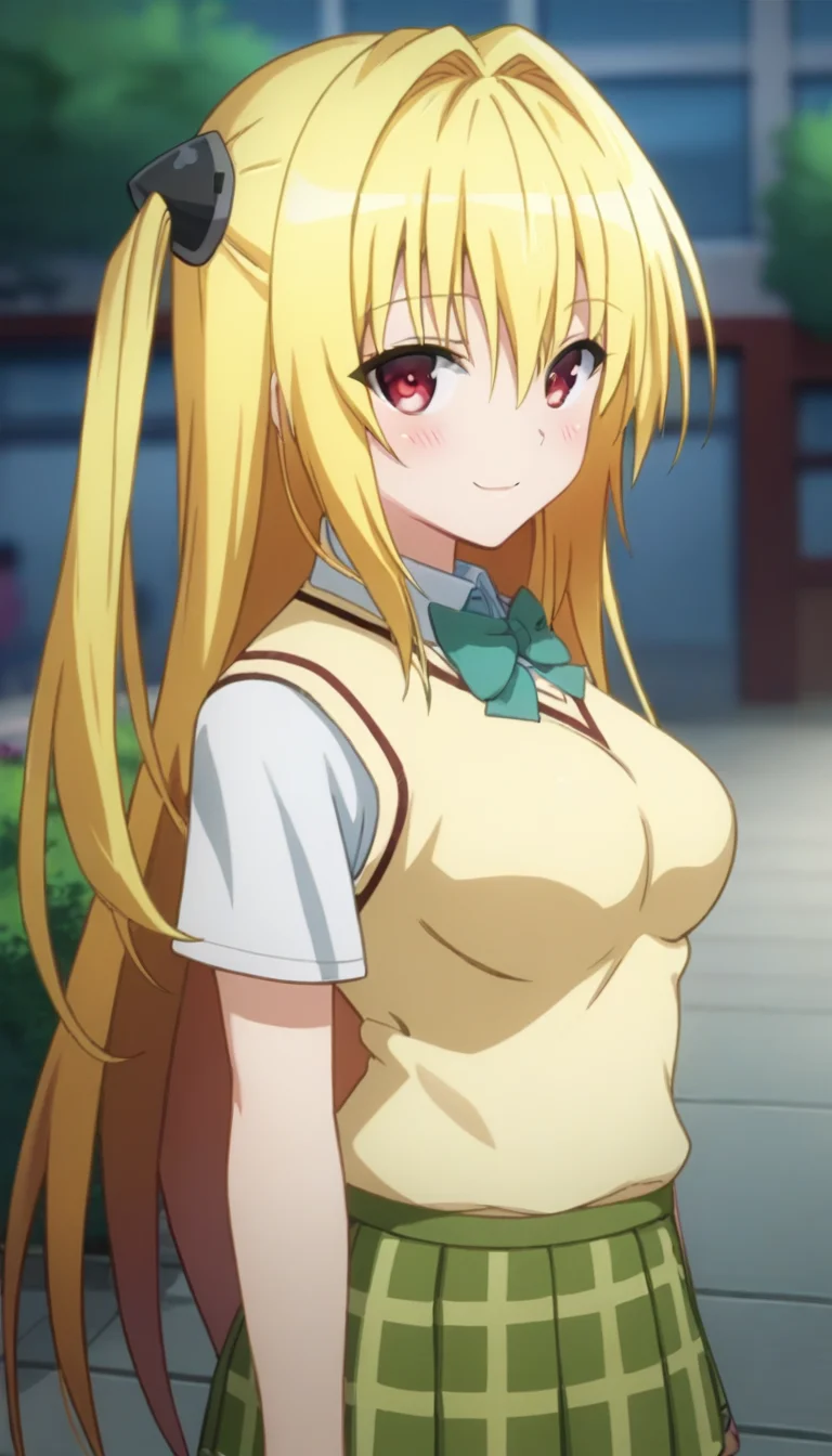 score_9,score_8_up,score_7_up,score_6_up BREAK official art,solo,outdoors,upper body,(portrait:1.5),looking at viewer,facing viewer,smile,blush,Konjiki no Yami,very long hair,blonde hair,two side up,hair ornament,hair intakes,hair between eyes,bangs,red eyes,school uniform,sweater vest,yellow vest,white shirt,collared shirt,green bowtie,short sleeves,medium breasts,miniskirt,green skirt,plaid skirt,pleated skirt,thigh strap,black socks,loafers,<lora:Konjiki no Yami(tlr)-Pony:1.6>,