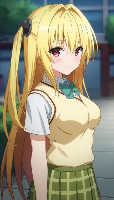 score_9,score_8_up,score_7_up,score_6_up BREAK official art,solo,outdoors,upper body,(portrait:1.5),looking at viewer,facing viewer,smile,blush,Konjiki no Yami,very long hair,blonde hair,two side up,hair ornament,hair intakes,hair between eyes,bangs,red eyes,school uniform,sweater vest,yellow vest,white shirt,collared shirt,green bowtie,short sleeves,medium breasts,miniskirt,green skirt,plaid skirt,pleated skirt,thigh strap,black socks,loafers,<lora:Konjiki no Yami(tlr)-Pony:1.6>,
