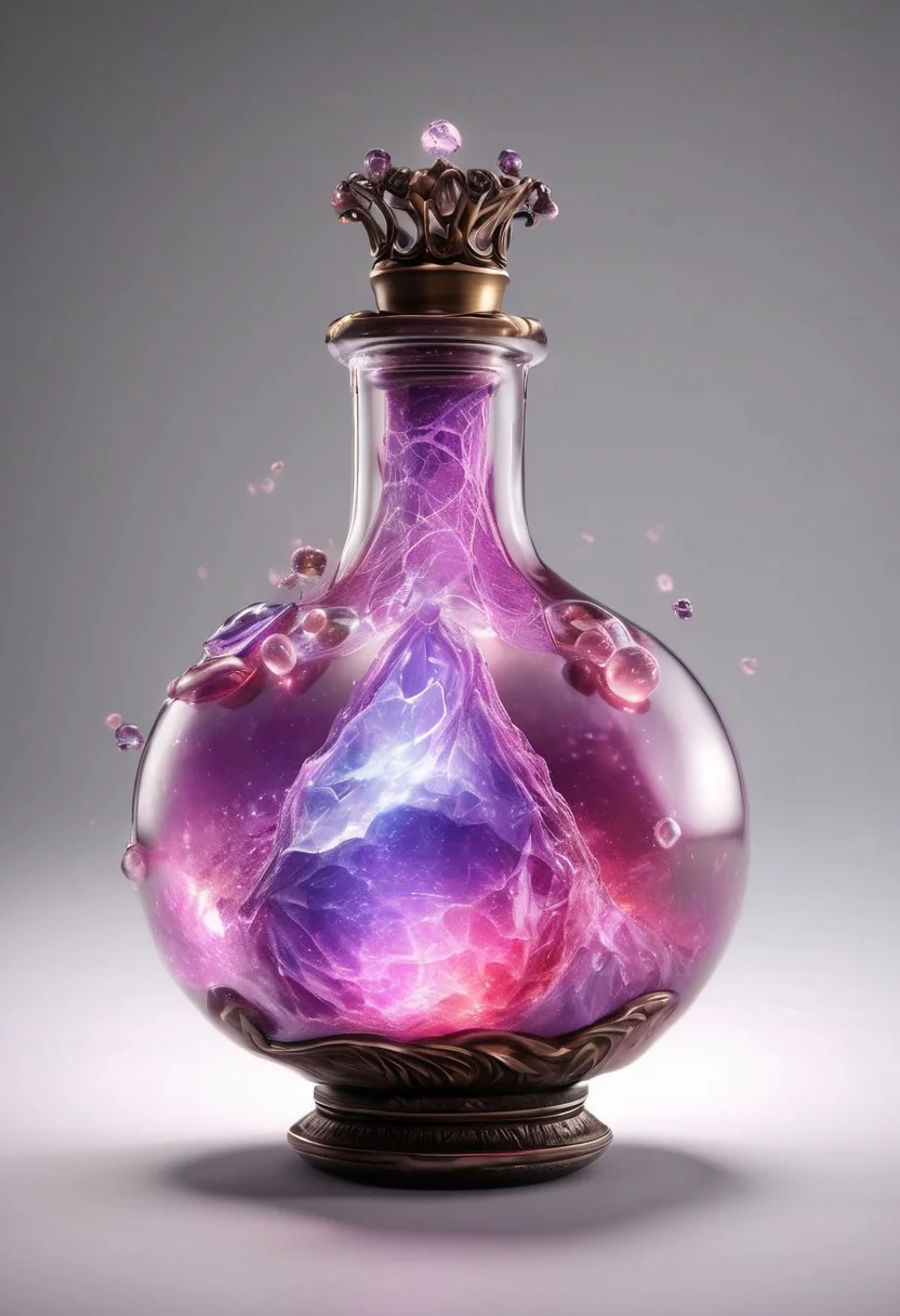 Score_9, Score_8, high_def, highest quality, 4k, best quality, masterpiece, focused, defined, Photorealistic magic potion, intricate glass bottle, elixir, vibrant pink and prrple colors, ethereal light, wax seal, flashy lights, magic lights, luminous, dynamic reflections, magical aura, highly detailed, fantasy essence, glowing particles, radiant aura, made of sparkling amethyst crystals