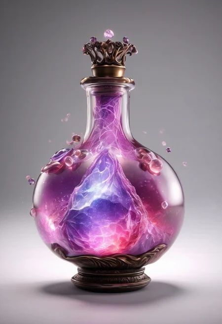 Score_9, Score_8, high_def, highest quality, 4k, best quality, masterpiece, focused, defined, Photorealistic magic potion, intricate glass bottle, elixir, vibrant pink and prrple colors, ethereal light, wax seal, flashy lights, magic lights, luminous, dynamic reflections, magical aura, highly detailed, fantasy essence, glowing particles, radiant aura, made of sparkling amethyst crystals