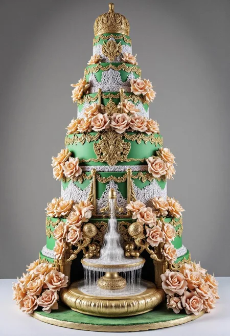 An 8-tiered wedding cake inspired by the crown jewels of European royalty, featuring floating tiers shaped like baroque pillars, wrapped in hand-painted emerald green and gold rococo scrollwork. Each layer is adorned with edible Fabergé egg motifs, intricate lacework, and cascading sugar roses in peach and champagne. A sugar-dusted isomalt waterfall cascades from a sculpted sugar fountain at the base, while gold-encrusted sugar medallions and filigree detailing elevate the opulent aesthetic. The final tier is crowned with a golden sugar coronet resting on a velvet-textured fondant cushion.