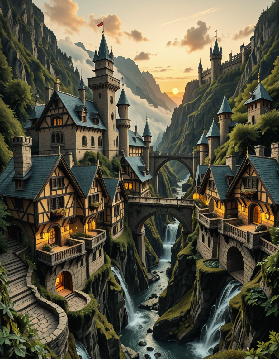 A breathtaking medieval fantasy city nestled in a lush valley, surrounded by towering mountains and dense forests. A grand castle with multiple towers and turrets stands atop a hill, overlooking the town below. The city consists of charming half-timbered houses with glowing windows, perched on rocky cliffs and connected by stone bridges over cascading waterfalls. The river flows through the village, reflecting the warm golden lights of lanterns and torches. Ivy and moss grow over the stone walls, adding to the enchanted, ancient atmosphere. The background features misty mountains with additional fortresses and watchtowers, partially hidden by low-hanging clouds. The sky is illuminated by a soft, warm sunset, casting a golden glow on the scenery, creating a perfect blend of realism and fantasy. Highly detailed, cinematic, and immersive, with a magical, fairy-tale ambiance.
<lora:SDXLFaeTastic2400:0.4> <lora:extremely_detailed:0.4> extremely detailed, ,medieval f4nt4sy c1ty <lora:medieval_f4nt4sy_c1ty-i:1>, Masterpiece,best quality,hi res,8k,hi res,8k,award winning,(sharp focus, intricate, highly detailed),