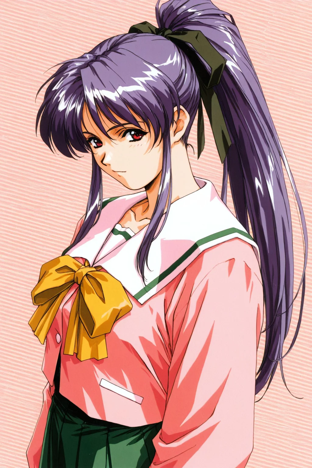 Hidero Horibe Style,Takabe Eri,1girl,skirt,long hair,pink school uniform,purple hair,green ribbon,ponytail,long sleeves,hair ribbon,red eyes,upper body,looking at viewer,yellow bow,1990s \(style\),retro artstyle,green skirt,
<lora:Hidero Horibe_illustriousXL:0.8>,