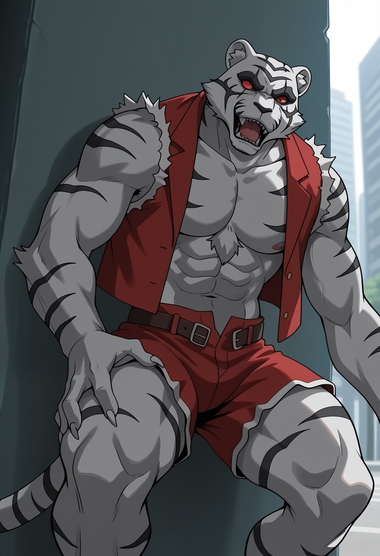 masterpiece,best quality,amazing quality, 1boy, solo, by4kk0, tiger boy, white fur, tiger stripes, colored sclera, no pupils, fur-trimmed open red vest, brown belt, fur-trimmed red shorts, tail,
