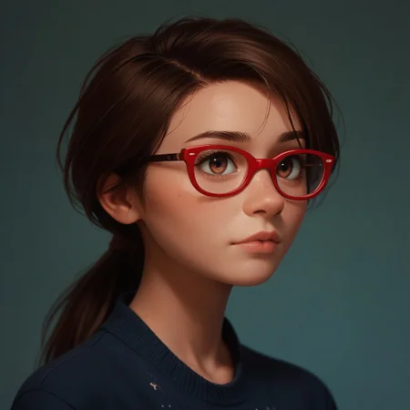 score_9, score_8_up, score_7_up, score_6_up, score_5_up, score_4_up, 1girl, Ji_llA, red framed eyewear, ponytail, portrait