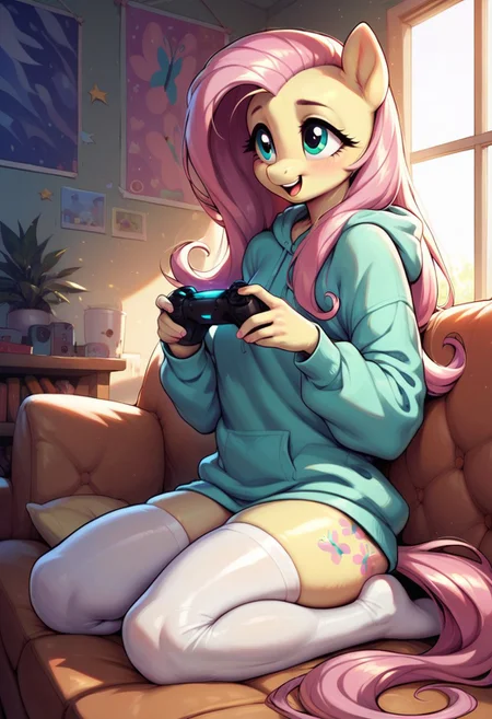 score_9, score_8_up, score_7_up, score_6_up, semi-realistic artwork, detailed background, high quality, vibrant colors, best quality rendering, intricate details, high resolution, sharp focus, best render quality, (background-living room, couch, videogame), side view,
1girl, solo, {Fluttershy (anthro pony) long hair, 18 yo, narrow shoulders, skinny, shiny skin,
oversized hoodie, white thigh-high socks,
dynamic pose, sitting couch, holding controller, playing videogames,
shy, happy,