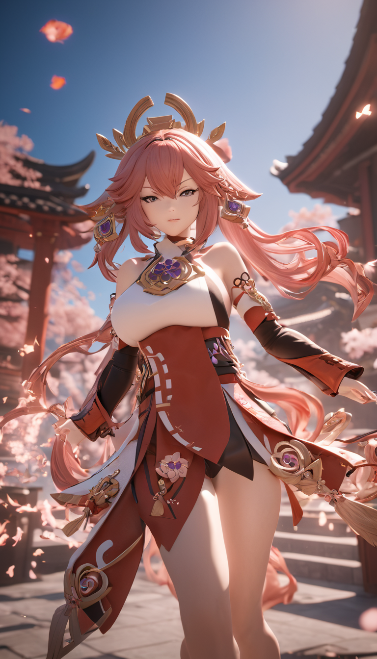 professional 3d model Cinematic scene, hero view, Yae Miko, Genshin Impact <lora:yae_miko_xl_v1:1>, action pose, detailed background, masterpiece, best quality, high quality, highres, absurdres . octane render, highly detailed, volumetric, dramatic lighting