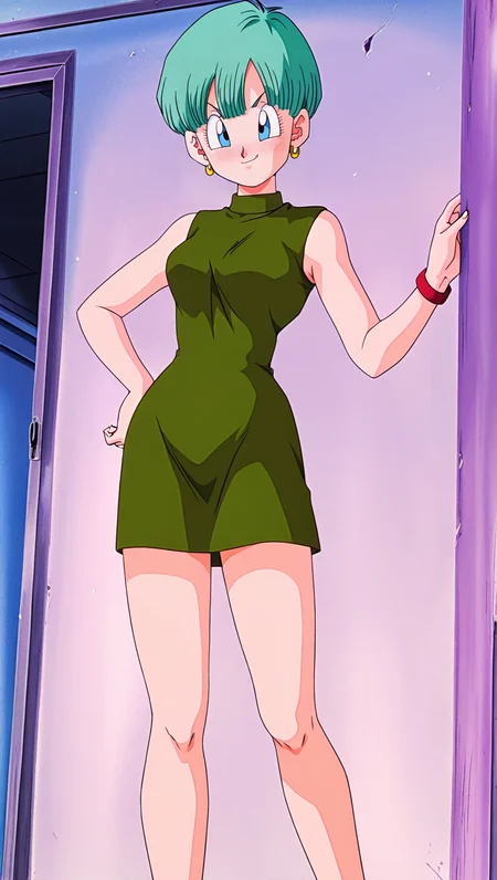 source_anime, masterpiece, best quality, amazing quality, anime screencap, high quality, 8k, absurdres, official style, 1girl, solo, looking at viewer, standing, hand on hip, smug, indoors, <lora:Bulma_Late_Z_iL:0.8> , 8u1m4 Z late, blue eyes, aqua hair, buu saga green, short hair, green dress, sleeveless dress, short dress, jewelry, earrings, bracelet,