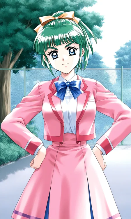 general,highres, ultra-detailed,very aesthetic,best quality ,best hands, BREAK <lora:Iijima_Miyuki_kakyuusei_Ver2.0_IS:1>
Iijima_Miyuki(kakyuusei), 1girl, solo, green hair, high ponytail, bangs, short hair, blue eyes, hair ribbon,Yellow ribbon, breasts, smile,
school uniform, tree, pink skirt, fence, pink blazer, pink jacket, goard skirt, blue line jacket,
hands on own hip,
long sleeves, chain-link fence,
outdoors, bowtie, blue bow,