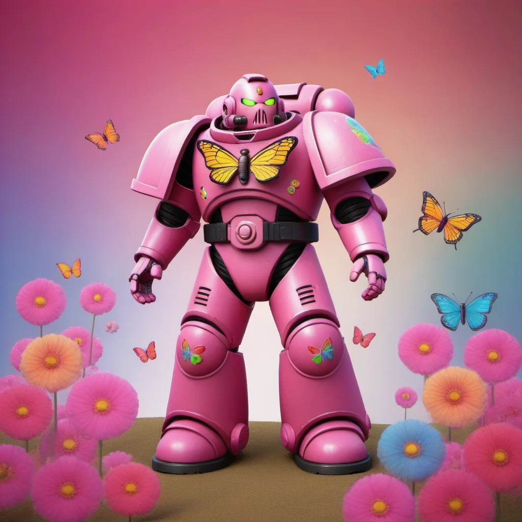 a pink spacemarine robot, cute fantasy background, rainbow, butterfly, flowers, spread love <lora:SpaceMarine1024:0.5>