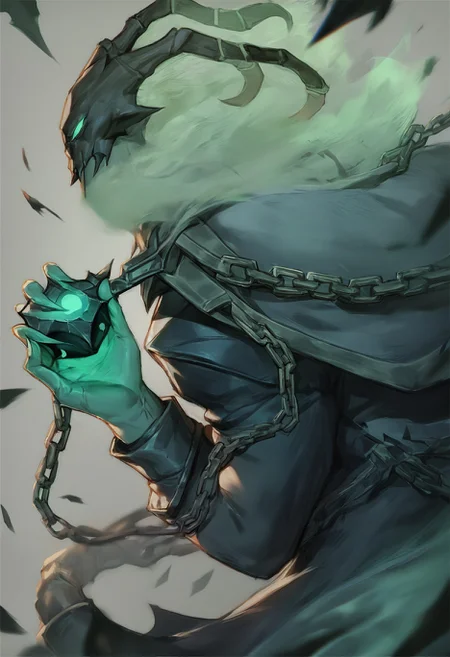 score_9,score_8_up,score_7_up,<lora:Thresh&Mordekaiser_PonyXLv03-000020:1>thresh, thresh_(league_of_legends), hicham_habchi, 1boy, black_jacket, chain, clenched_hand, from_side, ghost, glowing_eye, gradient_background, green_eyes, grey_background, hand_up, holding_lantern, key, long_hair, male_focus, mask, open_mouth, solo, torn_clothes, torn_jacket, league_of_legends, ruined_king:_a_league_of_legends_story, highres