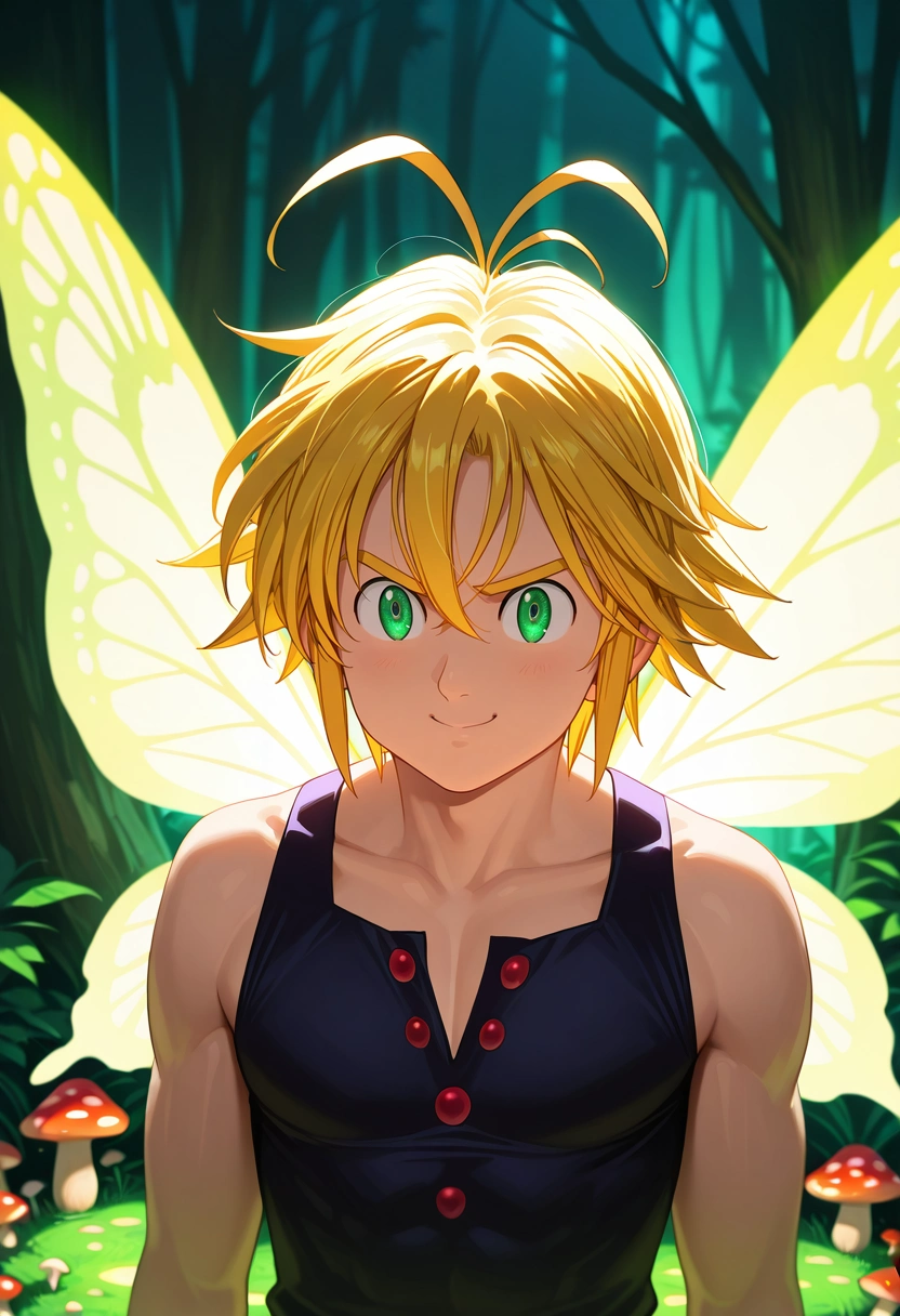 masterpiece, best quality, , (photorealistic:0.6), , 1boy, solo, male focus, <lora:meliodas_nanatsu_no_taizai_ilxl:1>, meliodas_nanatsu_no_taizai, blonde hair, green eyes, short hair, antenna hair, hair between eyes, fairy market, mushroom stalls, glowing wares, butterfly wings, bargaining pose, delighted expression, magical lighting,