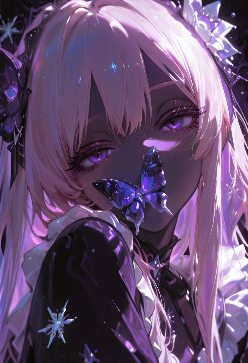 (Theme: Draconic Crystals). masterpiece, newest,absurdres,incredibly absurdres, 1girl, CivChan, solo, bug, butterfly, purple eyes, pink hair, looking at viewer, long hair, covered mouth, purple theme, eyelashes, flower, snowflakes look like crystals, dark_theme,abstract background, 
depth of field