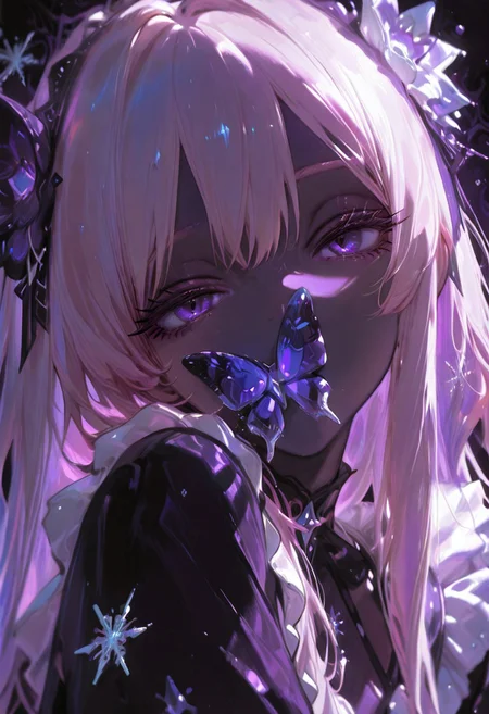 (Theme: Draconic Crystals). masterpiece, newest,absurdres,incredibly absurdres, 1girl, CivChan, solo, bug, butterfly, purple eyes, pink hair, looking at viewer, long hair, covered mouth, purple theme, eyelashes, flower, snowflakes look like crystals, dark_theme,abstract background,
depth of field