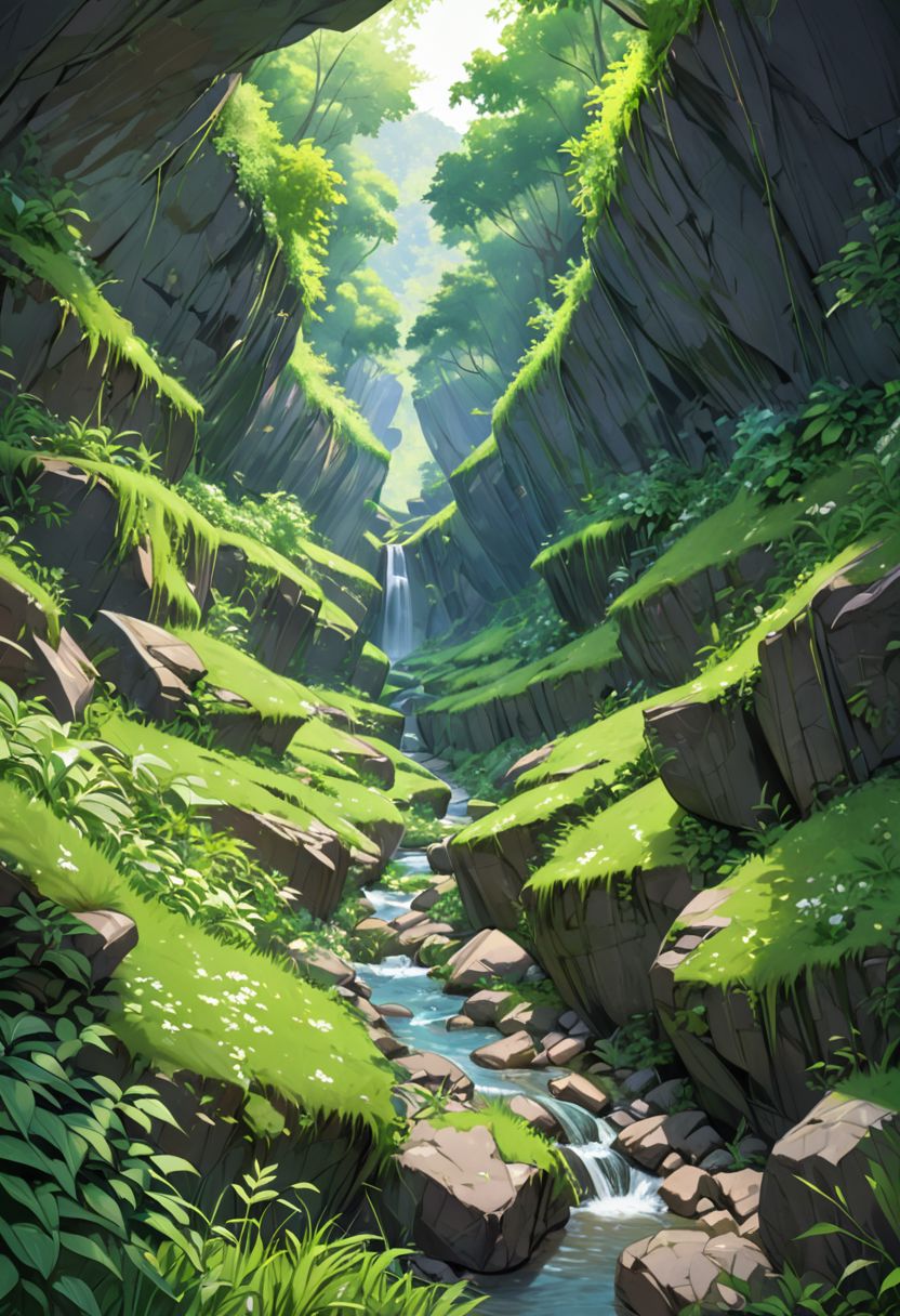beautiful ravine, rocky, greenery on each side, masterpiece