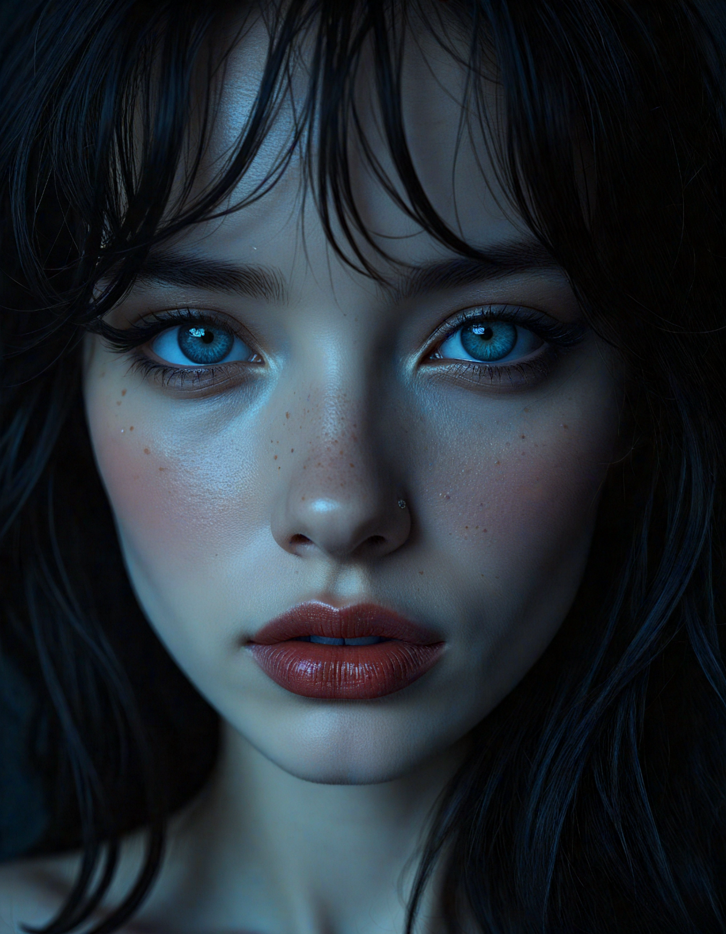 hyperrealistic art (dark mood masterpiece Photography:1.2), portrait of a mysterious woman with blue eyes and bold eyeliner, she has sensuous lips, looking seductively, naughty, shy smirking. The extreme realism focuses on her detailed skin, showing fine textures and natural highlights. photography masterpiece, modern, irresistible beauty, fuzzy lighting, dark mood, unusual composition, use of negative space, (rule of thirds composition), simmetry , mysteriouse, emotional, flirting, (fine erotic content:0.65), groundbreaking unrivaled opus with unrivaled details, (__wildcardsv2.0/color__ color scheme), highly detailed, melancholic, low-light hyper detailed photography, catchlights, style by Luis Royo . extremely high-resolution details, photographic, realism pushed to extreme, fine texture, incredibly lifelike,, extreme close-up shot,style by luis royo . extremely high-resolution details, photographic, realism pushed to extreme, fine texture, incredibly lifelike