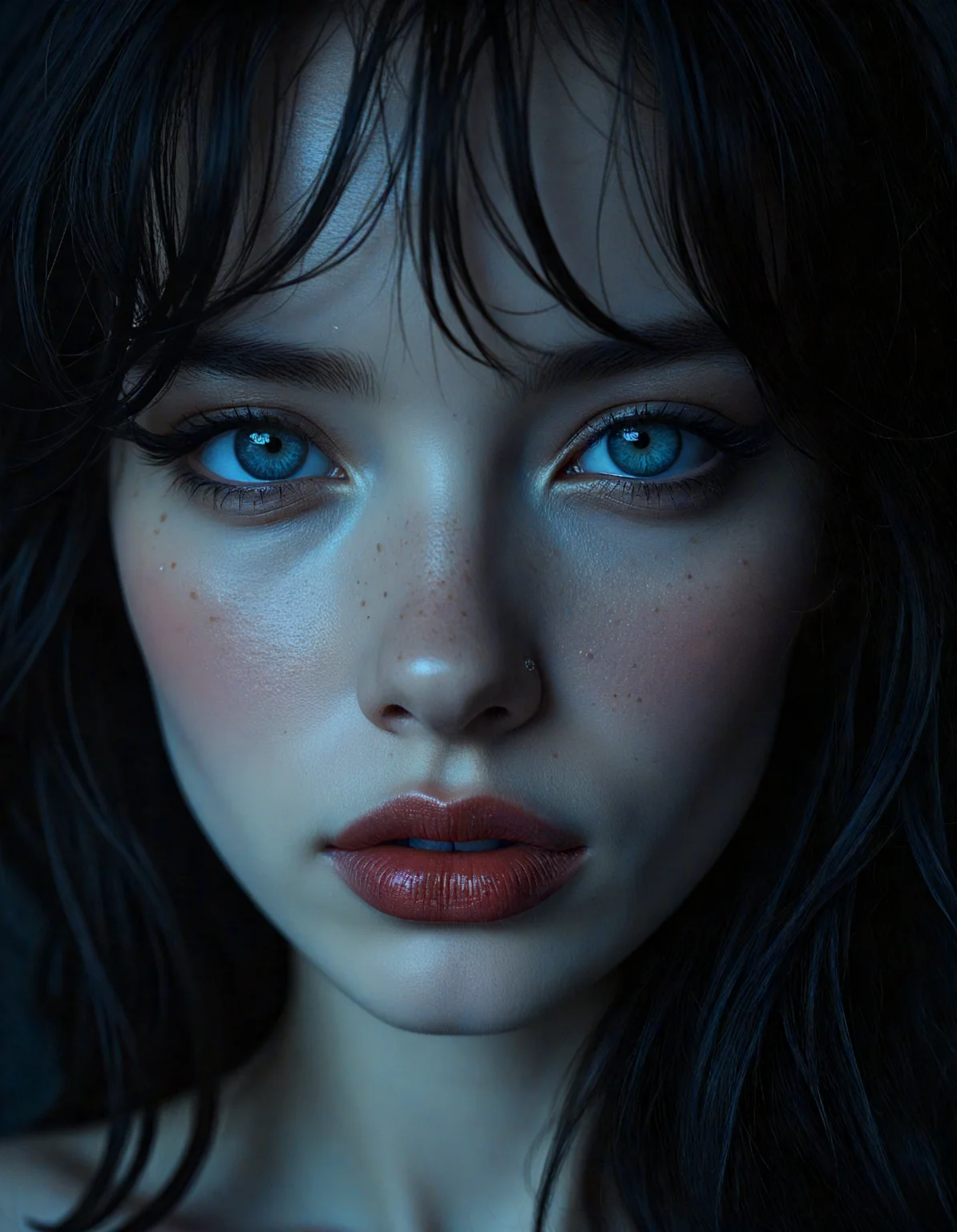 hyperrealistic art (dark mood masterpiece Photography:1.2), portrait of a mysterious woman with blue eyes and bold eyeliner, she has sensuous lips, looking seductively, naughty, shy smirking. The extreme realism focuses on her detailed skin, showing fine textures and natural highlights. photography masterpiece, modern, irresistible beauty, fuzzy lighting, dark mood, unusual composition, use of negative space, (rule of thirds composition), simmetry , mysteriouse, emotional, flirting, (fine erotic content:0.65), groundbreaking unrivaled opus with unrivaled details, (__wildcardsv2.0/color__ color scheme), highly detailed, melancholic, low-light hyper detailed photography, catchlights, style by Luis Royo . extremely high-resolution details, photographic, realism pushed to extreme, fine texture, incredibly lifelike,, extreme close-up shot,style by luis royo . extremely high-resolution details, photographic, realism pushed to extreme, fine texture, incredibly lifelike