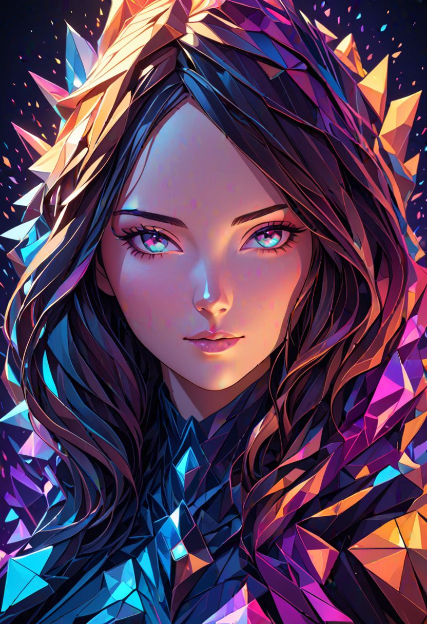 nsfw, a 3D front-facing portrait of a lowpoly woman made of polygons, illuminated by a holographic gradient that shifts through a spectrum of vibrant colors. , highres, 4k, 8k, intricate detail, cinematic lighting, amazing quality, amazing shading, soft lighting, Detailed Illustration, anime style, wallpaper
