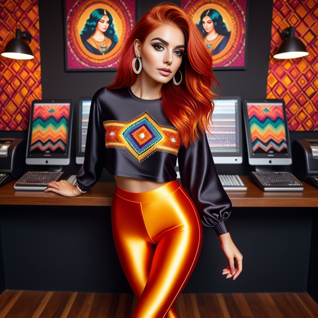 appliqu style, layered fabric, colorful, patterned, textured elegant digital painting, the image portrays a striking digital art piece. at the center of the composition, one south american women, the image captures a vibrant and festive atmosphere with a 24 year old adult woman at its center. she is dressed in an eye catching ((satin)) dark top paired with shiny punk  and colourburst spandex_leggings, beautiful long red and orange  hair <lora:add-detail-xl:2>
 <lora:spandex_leggings_v1:1.2>