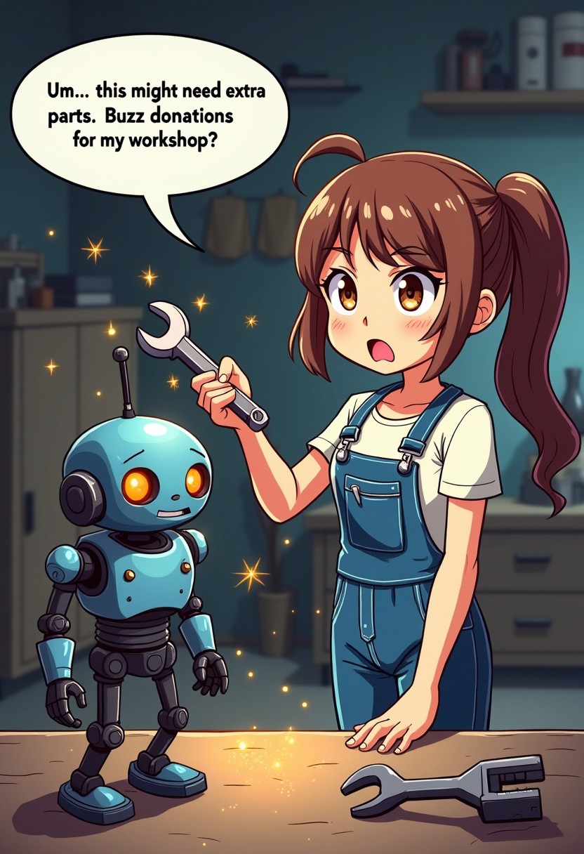 (masterpiece), best quality, expressive eyes, perfect face, cartoon style, anime style, Rookie Robot Repair Girl: A scrappy anime mechanic in a garage, holding a wrench and looking bewildered as sparks fly from a half-repaired robot in front of her. Put Speech bubble text saying : “Um… this might need extra parts. Buzz donations for my workshop?"
