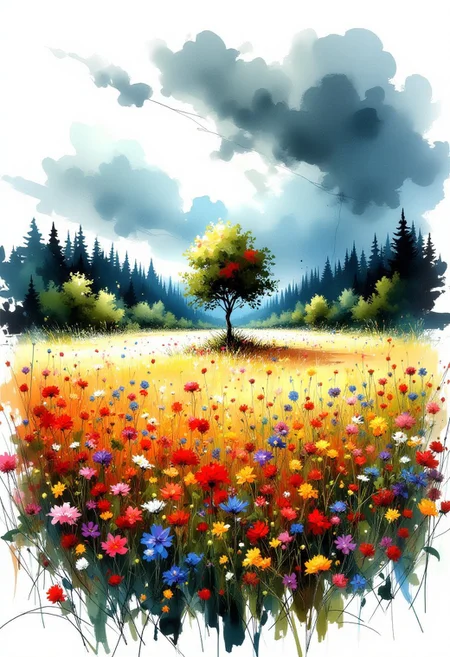 inksketch painting, vibrant field full of wildflowers, a lone single apple tree in the middle of the field, forest in the distant background, storm clouds on the horizon, white translucent faded edges