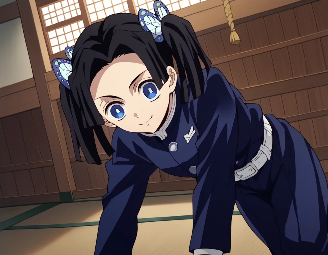 score_9, score_8_up, score_7_up, source_anime,
aoikanzaki, <lora:aoi-kanzaki-anime-ponyxl-lora-nochekaiser:1>,
aoi kanzaki, blue eyes, black hair, hair ornament, twintails, butterfly hair ornament,
long sleeves, belt, pants, blue jacket, white belt, demon slayer uniform, blue pants,
indoors, dojo, bent over, smile,
solo, looking at viewer, cowboy shot, dutch angle,