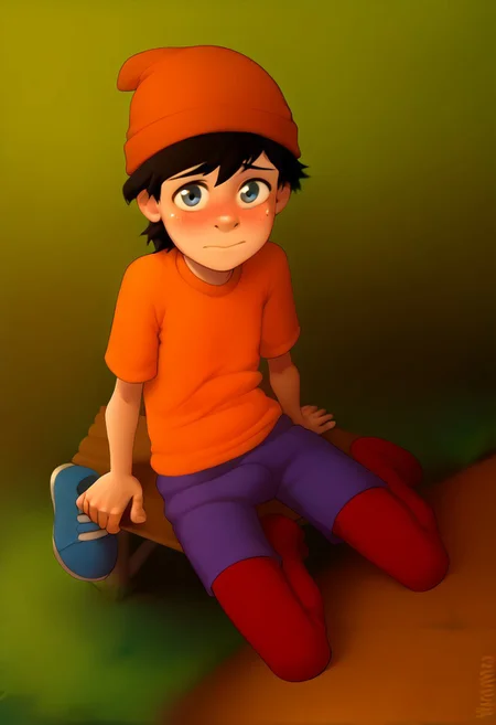 score_8, score_8_up, score_7_up, score_6_up, source_cartoon, flat shading, good_hands, BREAK, 1boy, solo, male focus,, Double D, beanie, black hair, orange shirt, purple shorts, red socks, blue shoe, park background, trees, pond, bench, sitting, looking at viewer, blushing, shy, embarrassed, from above,