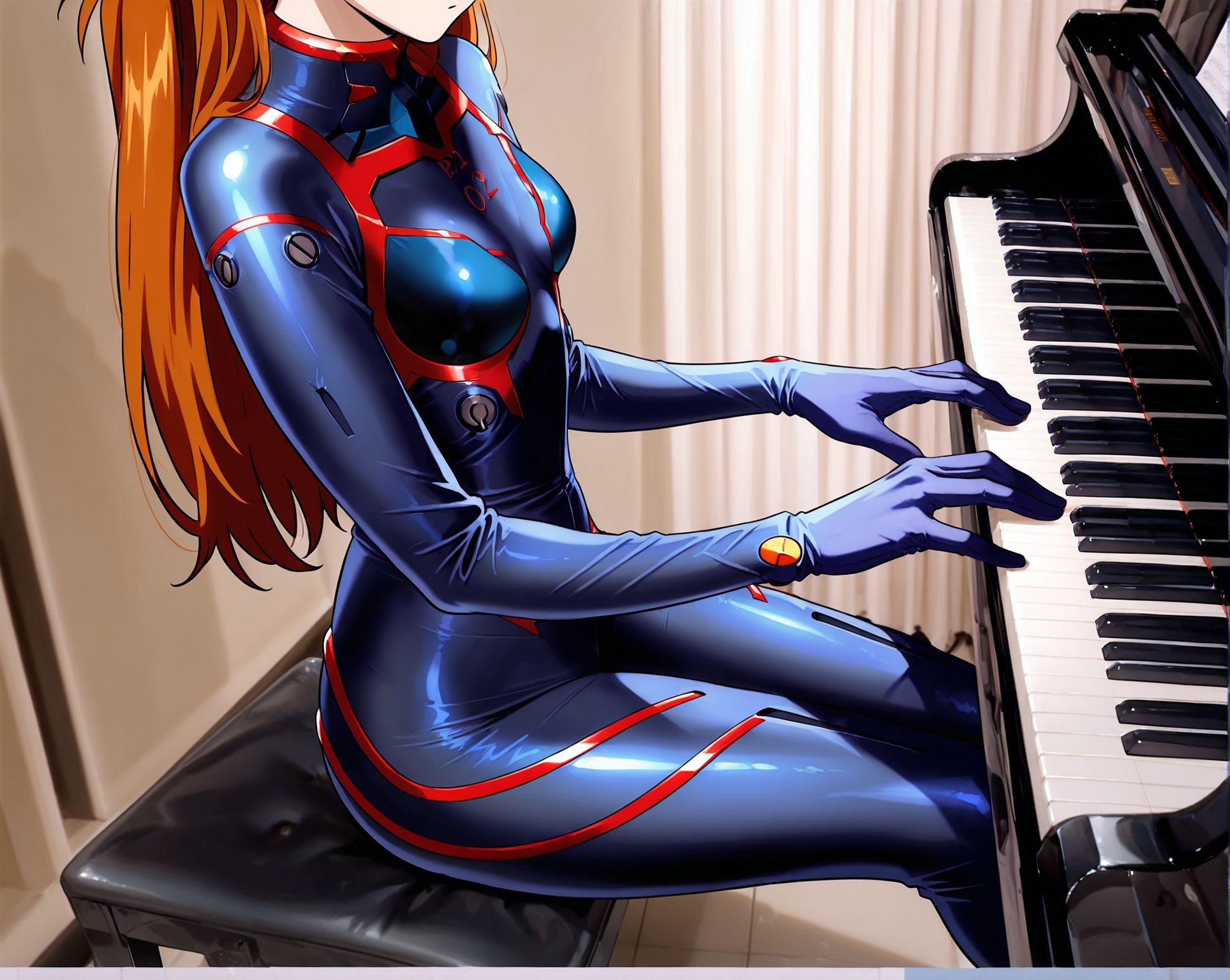 masterpiece,best quality,newest,absurdres,highres,detailed eyes,beautiful,detailed background,perfect eyes,anime coloring,anime screencap,
uncensored, 
<lora:Erotic_Pianist:1> Erotic_ianistV1,
1girl,piano,instrument,breasts,
solo,sitting,piano bench, head out of frame,
play piano, hands on keyboard \(instrument\), from side, 
souryuu asuka langley, bodysuit,