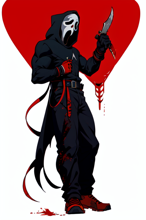 masterpiece,best quality,extreme detail,8k,white background,<lora:ghostface:0.8>,ghostface, solo, simple background, gloves, long sleeves, 1boy, holding, standing, full body, weapon, male focus, heart, black gloves, belt, hood, holding weapon, blood, mask, knife, musical note, red background, hood up, holding knife, blood on clothes, blood on weapon, blood on knife
