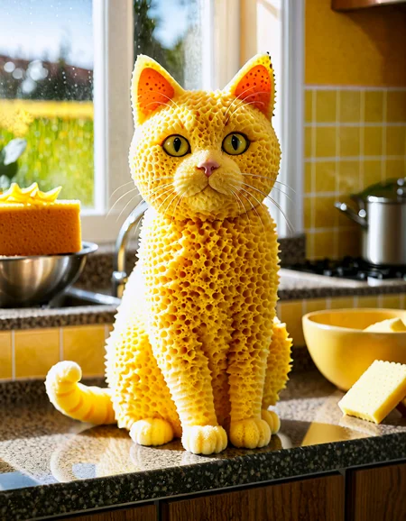 Photorealistic, a cat entirely made of sponge material, sitting upright on a kitchen counter. The sponge cat has a realistic texture with visible sponge pores and bright yellow color. The background features kitchen items such as a sink, dishes, and a window with sunlight streaming in. The lighting is natural and bright, highlighting the sponge texture of the cat. The camera shot is a medium shot, capturing the sponge cat and the detailed kitchen environment.
<lora:SDXLHighDetail_v5:1>