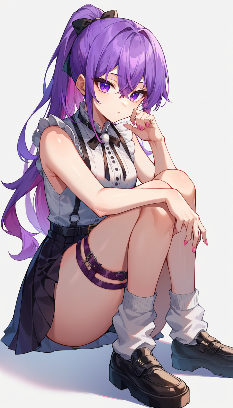<lora:jirai_kei_style_pony:1> score_9, score_8_up, score_7_up, score_6_up, score_5_up, score_4_up, source anime, jirai kei, 1girl, solo, sitting, purple eyes, black footwear, purple hair, thigh strap, pleated skirt, looking at viewer, frills, sleeveless, neck ribbon, white socks, ponytail, closed mouth, loose socks, black belt, pink nails, bangs, sidelocks, suspenders, fingernails, sleeveless white shirt, hair between eyes, arm support, long hair, belt, shoes, knees up, buttons, platform footwear, expressionless, breasts, suspender skirt, nail polish, buckle, thighs, shirt tucked in, frilled sleeves