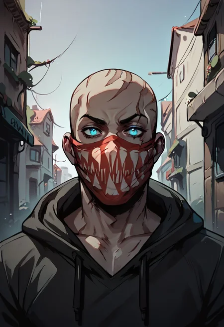 (((beautiful, hyper realistic, high quality))), score_9, score_8_up, score_7_up, solo, ((upper body)),
1boy, Pyke, dark skin, tatto, blue eyes, bald, scars, red mask with printed teeth, Black hoodie, rolled up sleeves, dark alley,
Dark background, blurred background,