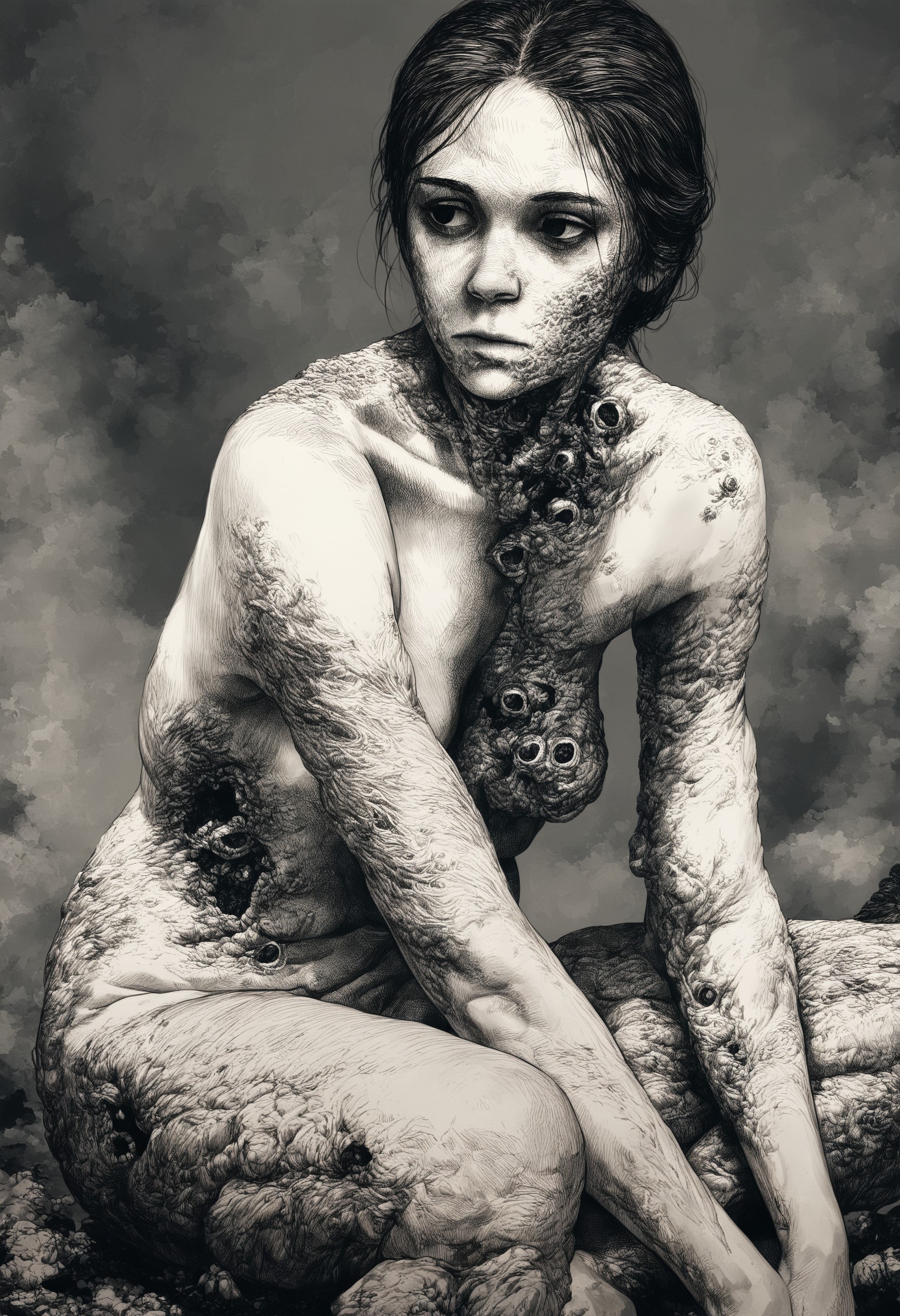 masterpiece, best quality, 1girl, nude, sitting, decay, body horror, expressionless, looking to the side, fine detail, monochrome, greyscale    <lora:CarolineHarrison_V1_NoobAI:1.0>