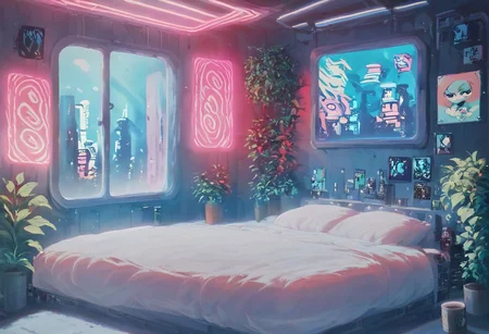 score_9,score_8_up,score_7_up,score_6_up, 
steaming coffee cup on windowsill, plants on the windowsill, wall of plants, monstera plant, large plant, tidy bedrrom, small room, cramped bedroom, teddies on the bed, cyberpunk city view out of the window, neon light, purple neon lights, posters, posters on the wall, anime posters, lewd posters, neon posters
