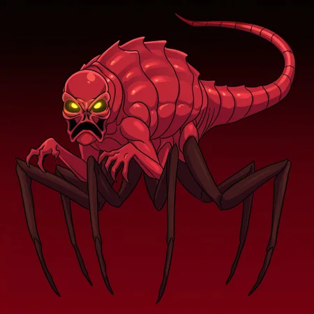 masterpiece, high quality, absurdres, 
CreepyRed, claws, tail, creepyred1, glowing, alien, carapace, looking at viewer, yellow eyes, full body, 4 insect legs, 2 arms, two arms, 3-clawed hands, red skin, solo, hollow eyes, monster, no humans, four insect legs, 4 bug legs, four bug legs, 2 front legs, 2 back legs, solo