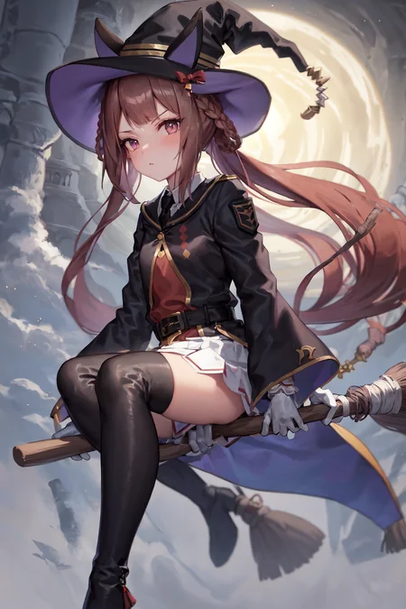 masterpiece, best quality,
sweep tosho \(umamusume\),
(broom, broom riding:1.2), full moon, cloud,
witch hat, black headwear, black necktie, collared shirt, red shirt, white gloves, wide sleeves, black jacket, black robe, buckle, belt, white skirt, pleated skirt, black thighhighs, thigh boots, high heel boots,
<lora:sweep_tosho_locon_0.99:0.8>