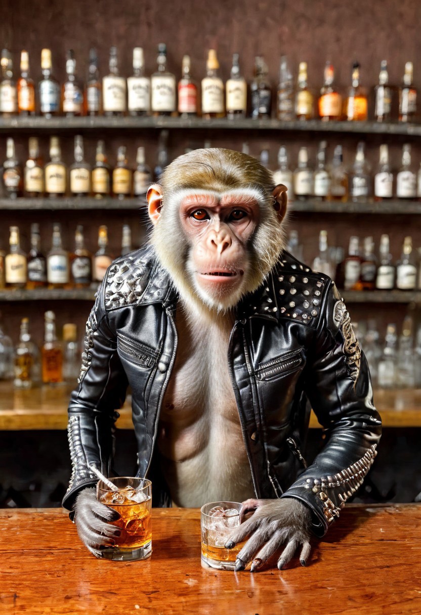 "Vervet monkey", "ultra realistic with high quality and ultra detail with excellent focus of Vervet monkey, presented as a rocker, rocker leather jacket and rocker leather hat on head, sitting on a bar in a smoky rocker pub , (cigarette in mouth),bottle Jack Daniels whiskey, a glass half full of whiskey and ice cubes