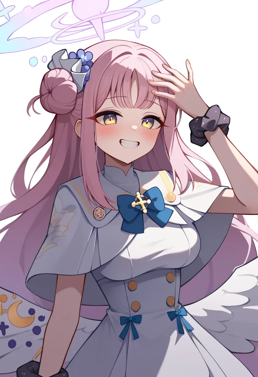 score_9,score_8_up,score_7_up,<lora:mika_(blue_archive)_pony:1>,:headpat, mika_\(blue_archive\), 1other, white_background, simple_background, black_scrunchie, blush, wrist_scrunchie, 1girl, solo_focus, absurdres, white_dress, white_capelet, grin, medium_breasts, highres