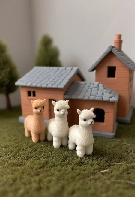 three fluffy miniature alpacas in 3d printed house, the alpacas are differently colored and differently sized, CreepyCuteMagical