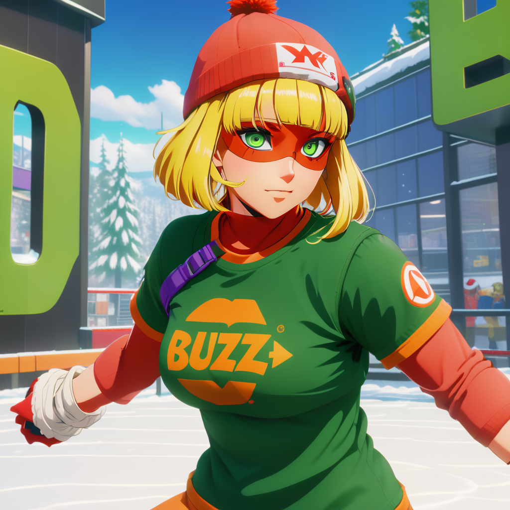 t-shirt, text "BUZZ" on shirt, <lora:texta:.95>, <lora:MinMinXL:.6> minminxl, 1girl, mask, noodles arms, blonde hair noodles, green eyes, orange hat, red domino mask, snow hat, female focus, (anime, masterpiece, intricate:1.3), (best quality, hires textures, high detail:1.2), (4k),(incredibly detailed:1.4),UHD, 8K, ultra detailed