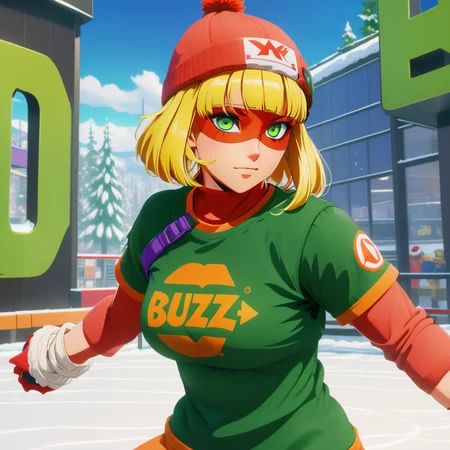 t-shirt, text "BUZZ" on shirt, <lora:texta:.95>, <lora:MinMinXL:.6> minminxl, 1girl, mask, noodles arms, blonde hair noodles, green eyes, orange hat, red domino mask, snow hat, female focus, (anime, masterpiece, intricate:1.3), (best quality, hires textures, high detail:1.2), (4k),(incredibly detailed:1.4),UHD, 8K, ultra detailed