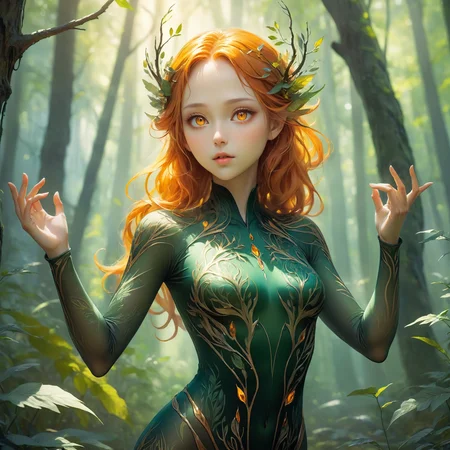 ethereal fantasy concept art of beautiful forest woman,bodysuit,upper body,hand up,Amber eyes, . magnificent