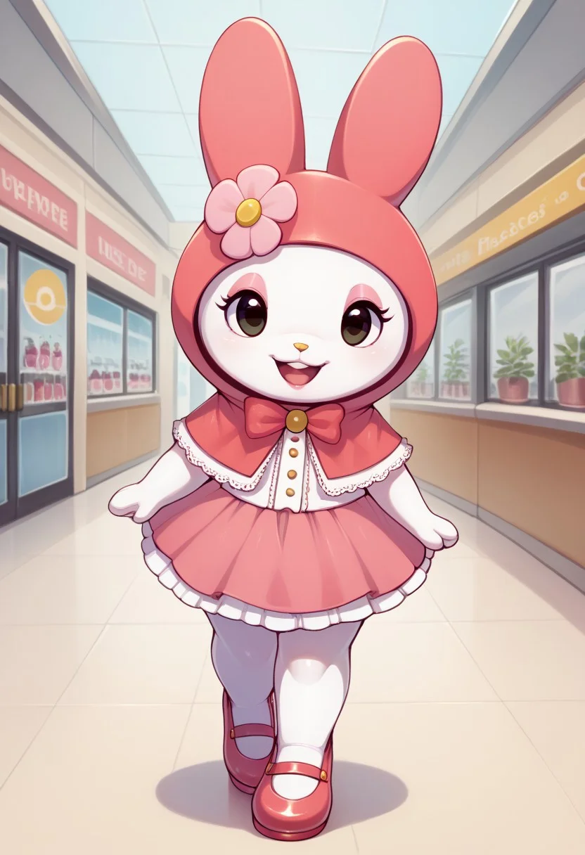 score_9, score_8_up, score_7_up, score_6_up, score_5_up, (ultra realistic, 32k, masterpiece:1.2), (high quality:1.1), Mymelo, antro, female, solo, smile, animal ears, open mouth, full body, day, rabbit ears, no humans, happy, pink flower, animal hood, animal focus, hooded capelet, furry, pokemon (creature), white body, pink ears, mall, bedroom eyes, pink makeup, pink mary jane shoes,, pink gothic dress with lace, pink lipstick, cute smile, looking at viewer, by rajii